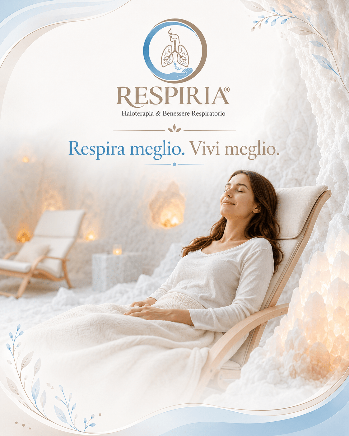 Donna rilassata in sala del sale Respiria per haloterapia e benessere respiratorio